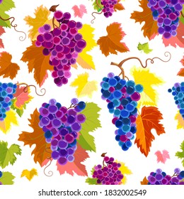 Vector Seamless Pattern With Grapes and Leaves. Illustration on White Background.