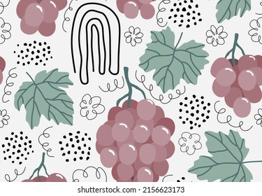 Patrón vectorial sin fisuras con uvas y hojas. 