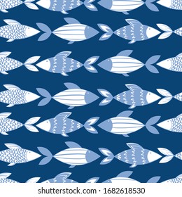 Vector seamless pattern with graphic abstract blue fish on a blue background. For decorating kitchen textiles, bathroom textiles, fish factories and restaurants.