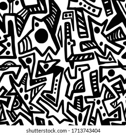 Vector seamless pattern with graphic abstract crazy shapes, black and white, graphic print for textile and different  background
