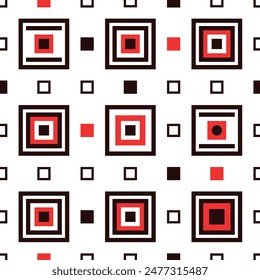 Vector seamless pattern with graphic abstraction: symmetry of squares in dark, red and white colors. Unique vector seamless pattern made in graphic abstraction style.