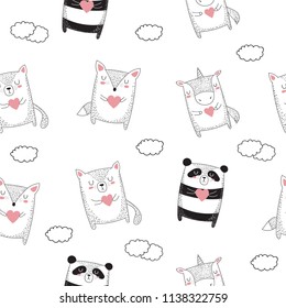 Vector seamless pattern with graphic animals. Doodle illustration. Friendship day, Valentine's, anniversary, baby shower, birthday, children's party