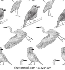 Vector seamless pattern with graphic birds in black and white colors