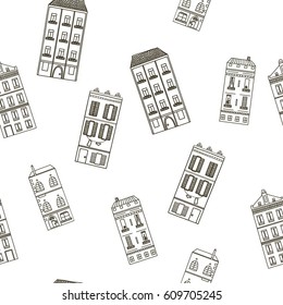 Vector seamless pattern with graphic buildings. Retro city houses. 
