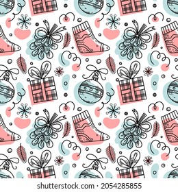 Vector seamless pattern with graphic Christmas illustrations. Hand drawn cute elements: candies, spruce and mistletoe branches, socks and gifts, confetti. Nice illustration for wrapping paper