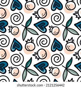 Vector seamless pattern with graphic elements, berries, hearts and leaves on white background