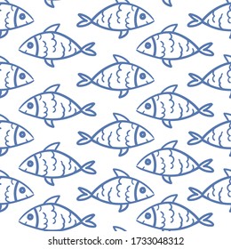 vector seamless pattern with graphic fish on a white background. it can be used as wallpaper, background, print, textile design, notebooks, phone cases, packaging paper, and more.