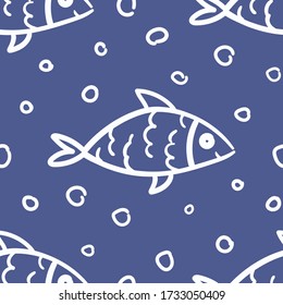 vector seamless pattern with graphic fish on a blue background. it can be used as wallpaper, background, print, textile design, notebooks, phone cases, packaging paper, and more.