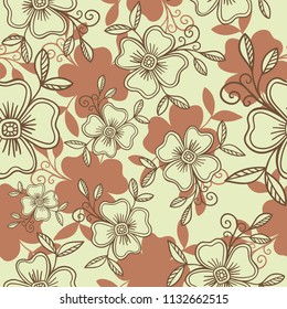 Vector seamless pattern - graphic flowers with leaves in brown beige colors