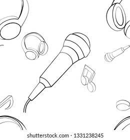 Vector seamless pattern graphic illustration of headphones, music notes. Microphone Sketch drawing, doodle style. abstract black and white silhouette Print for fabric, wallpaper, packaging, background