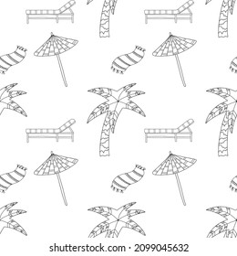 Vector seamless pattern with graphic Illustrations: parasol, towel, lounger, palm. Nice illustration for wrapping paper, colouring page, fabric, textile 