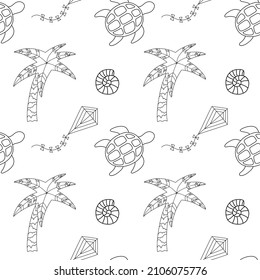 Vector seamless pattern with graphic illustrations: palm, turtle, kite, shell. Sea holiday illustration for background, fabric.