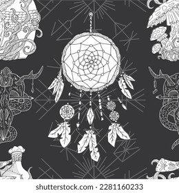 Vector seamless pattern with graphic illustrations with mystic, esoteric and occult symbols of dreamcatcher and witch bottles, Halloween and witchcraft concept