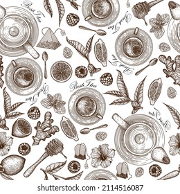 Vector seamless pattern graphic linear tea. Teapot, cups, spoons, tea leaves, hibiscus, tea bags, honey, raspberry, mint, ginger, lemon