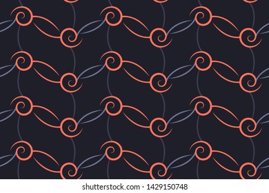 Vector seamless pattern. Graphic navy blue, gray, coral color elements isolated on deep gray background. For fabric, home and kitchen textile, wrapping paper, wallpaper design.