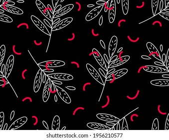 vector seamless pattern with graphic plants and red confetti on black background. isolated objects
