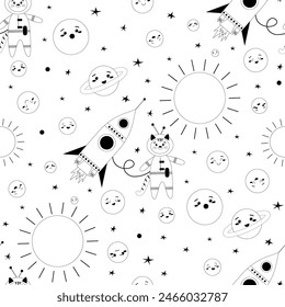 Vector seamless pattern, graphic solar system planets with cute kids spaceship and cat as astronaut.