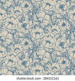 Vector seamless pattern with graphic spring flowers