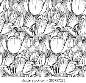 Vector seamless pattern with graphic spring flowers (tulips) in vintage style.