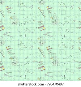 vector seamless pattern of graphic tools charts graphs on a sheet of paper green background