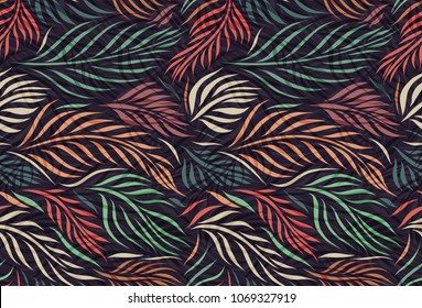 Vector seamless pattern with graphical leaves, colorful botanical illustration, floral elements, hand drawn repeatable background. Artistic m backdrop.