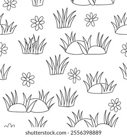 Vector seamless pattern with grass and flowers. simple green meadow print. Coloring book