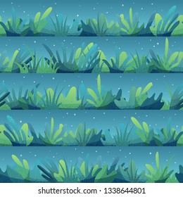 Vector seamless pattern of grass. Grass and leaves on a dark blue background. Stars in the sky. Boundless background of summer night.