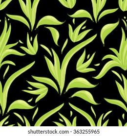 Vector seamless pattern with grass on black background. Beautiful doodle green grass. Green pattern. Grass pattern.