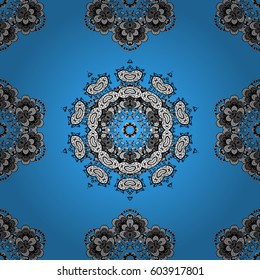Vector seamless pattern with gray antique floral medieval decorative, leaves and white pattern ornaments on blue background. Seamless royal luxury white baroque damask vintage.