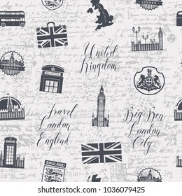 Vector seamless pattern in gray colors on UK and London theme with inscriptions, British symbols, landmarks and flag on the background of old manuscript. Can be used as wallpaper or wrapping paper