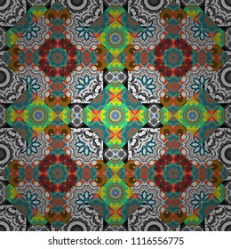 Vector seamless pattern in gray, orange and blue colors. Abstract brushed squares textured background.