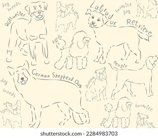 Vector seamless pattern with gray sketch drawings of dogs of popular breeds and inscriptions Rottweiler, Beagle, Poodle, German Shepherd Dog, Bulldog, French Bulldog, Labrador Retriever.