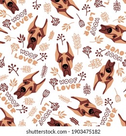 Vector seamless pattern with Great Dane, plants and lettering 'Woof Lover' on white background. Cute dogs illustration for fabric, textile, background, wallpaper