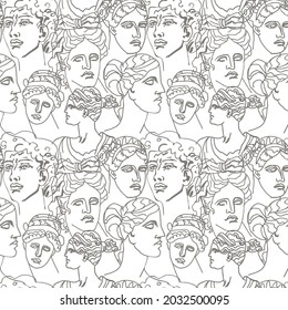 Vector seamless pattern with Greek ancient gods with gray colors. Repeating hand drawn ornament on white isolated background. Designs for textiles, fabric, wrapping paper, packaging, invitations. 