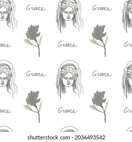 Vector seamless pattern with Greek ancient gods with gray colors. Repeating hand drawn ornament on white isolated background. Designs for textiles, fabric, wrapping paper, packaging, invitations. 