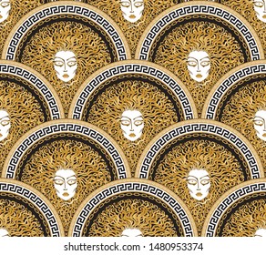 Vector seamless pattern with Greek meander borders in fish scale order. Medusa Gorgon face, fan shaped serpent hair. Gold, beige, black and white Art deco wallpaper, wrapping paper, silk textile print