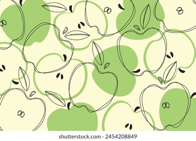 Vector seamless pattern with green apple line art.  Seamless decorative background with green apples. Bright summer design