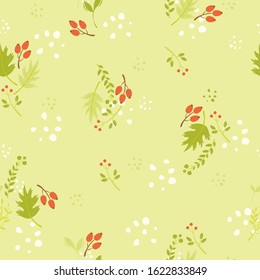 Vector seamless pattern green background. forest elements, berries and flowers, abstraction. Cute pastel colors