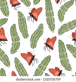 Vector seamless pattern of green banana leaves with butterflies on white background. Vintage repeat tropical backdrop. Exotic jungle wallpaper