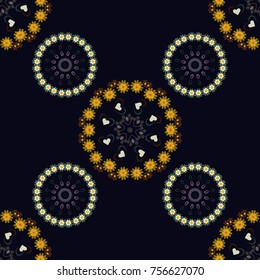 Vector seamless pattern. Green, black and brown wallpaper. Indian floral backdrop. Paisley and Mandalas.