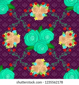 Vector seamless pattern in green, blue and purple colors. Beautiful watercolor rose flowers and green leaves, bright painting inspired floral print.