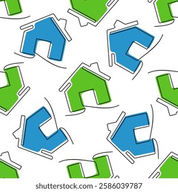 Vector seamless pattern with green and blue houses. Perfect for real estate, construction, and home-related designs.
