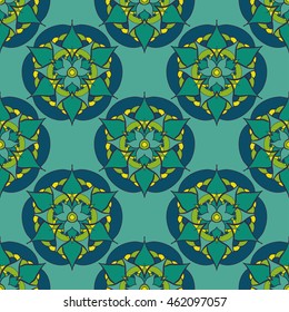 vector seamless pattern with green blue mandala on blue background