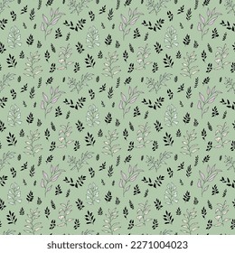 Vector seamless pattern. Green botanical elegant hand-drawn twigs digital paper. Bohemian style artistic branches repeat tile. Vintage elegant doodle herbal foliage fabric textile design