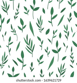Vector seamless pattern with green branches. Garden repeating background with decorative plants. Texture with spring and summer herbs and flowers