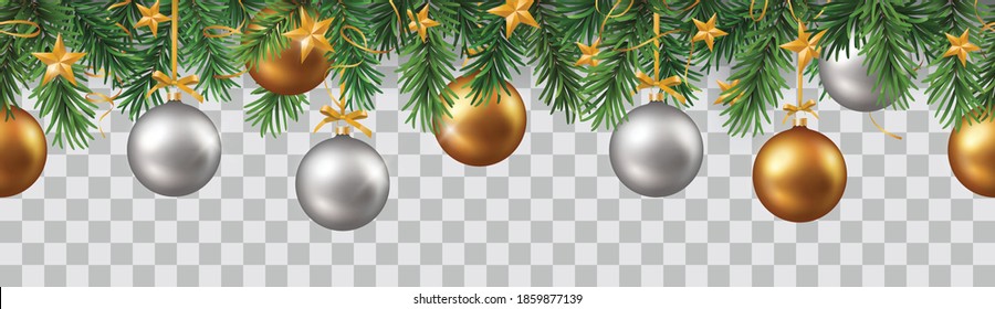 Vector seamless pattern with green branches and gold and silver christmas decorations