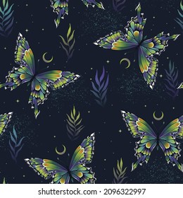 Vector seamless pattern with green butterflies and stars. Contemporary composition. Trendy texture for print, textile, packaging.