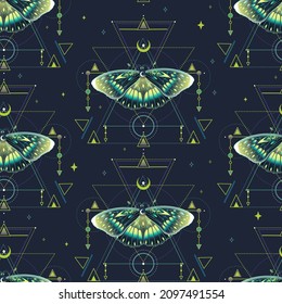 Vector seamless pattern with green butterflies and stars. Geometry composition. Trendy texture for print, textile, packaging.