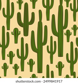 Vector seamless pattern with green cacti on light beige background.