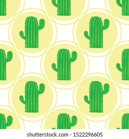 Vector seamless pattern of green cactus in yellow circles on a white background.